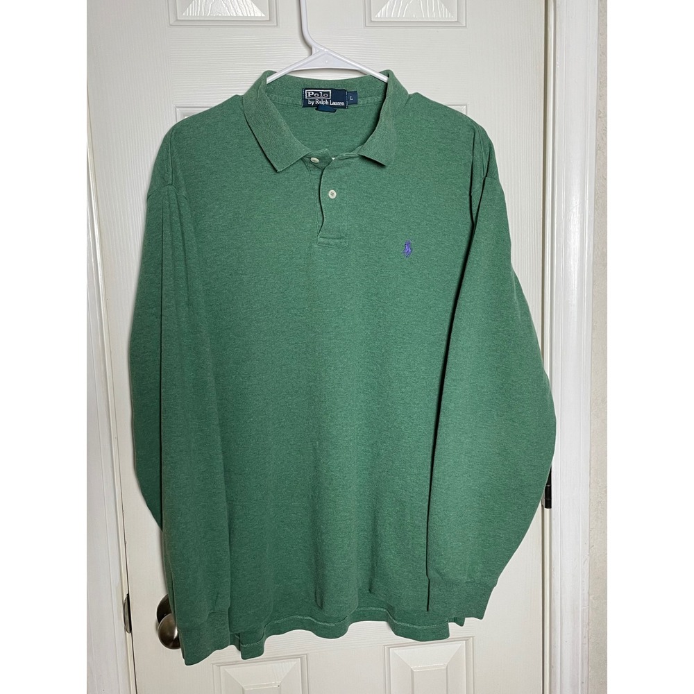 Polo Ralph Lauren Mens Green Long Sleeve Polo Shirt Purple Pony Logo Size L